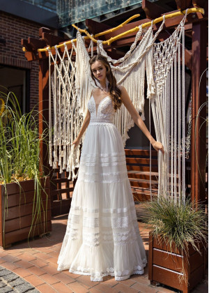 Spaghetti Straps Ivory Lace Buttons Back Rustic Wedding Dress